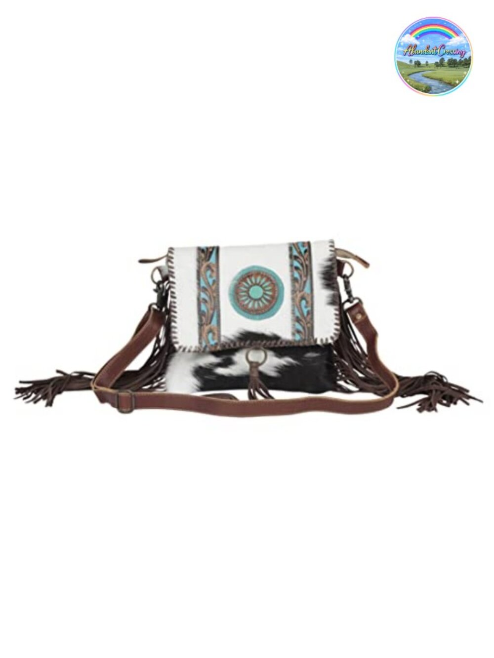 Western Fringe Shoulder Bag Real Cowhide Blue Accents Leather Handbag